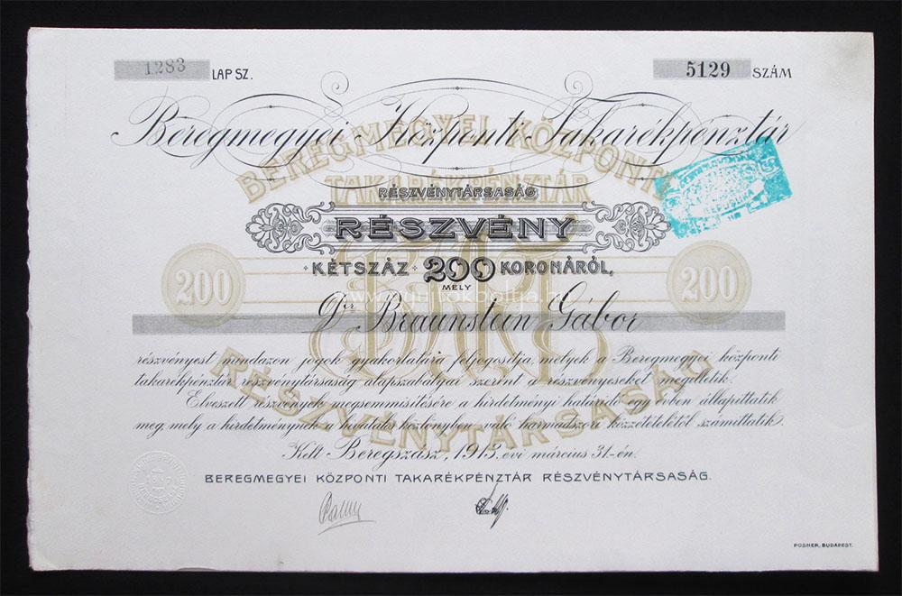 Beregmegyei Takarkpnztr 200 korona 1913 Beregszsz (UKR)